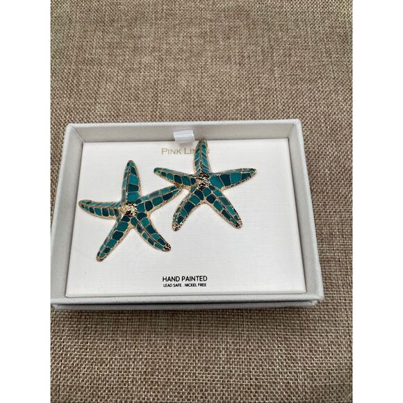 Pink Linen Starfish Hand painted Earrings Blue - Picture 3 of 6